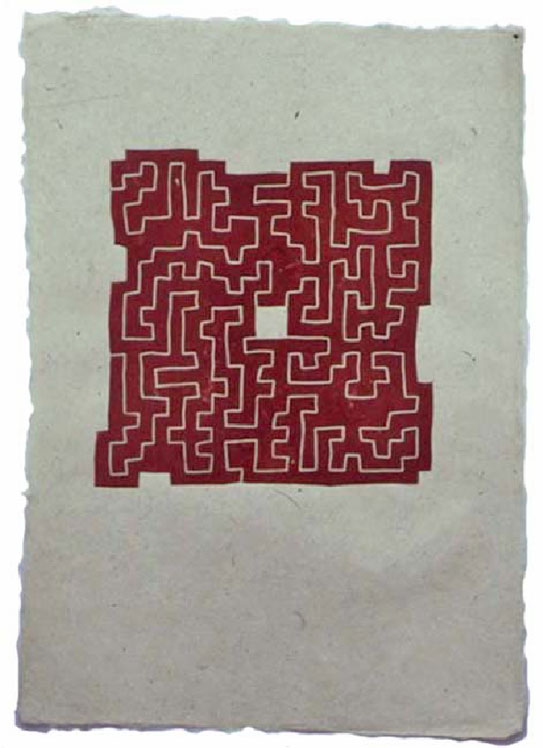 Ludwig Gruber, Vier Wege zur Mitte, Linolschnitt, 2003 auf kahari-Seidelbastpapier 70 x 50 cm 